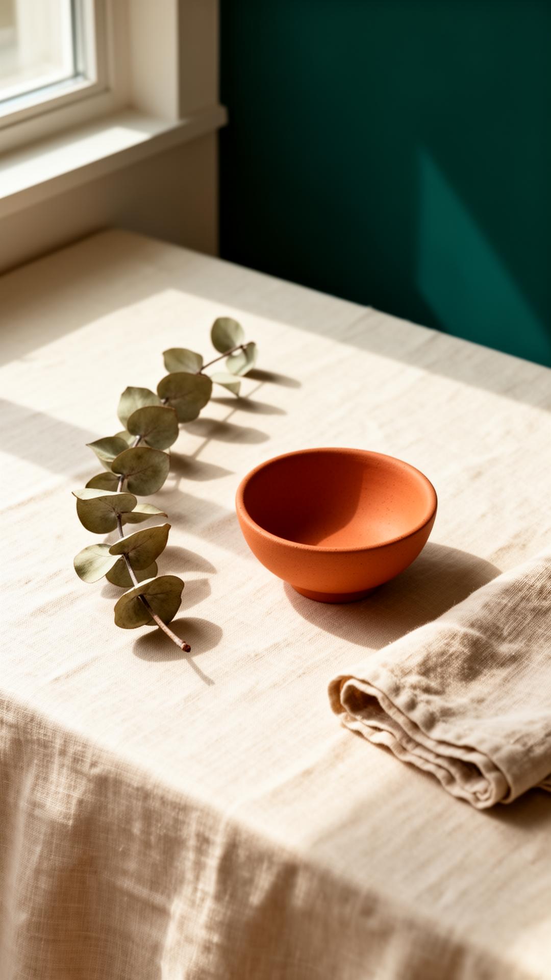 Détail d'un espace de soin lumineux, lin écru et eucalyptus.